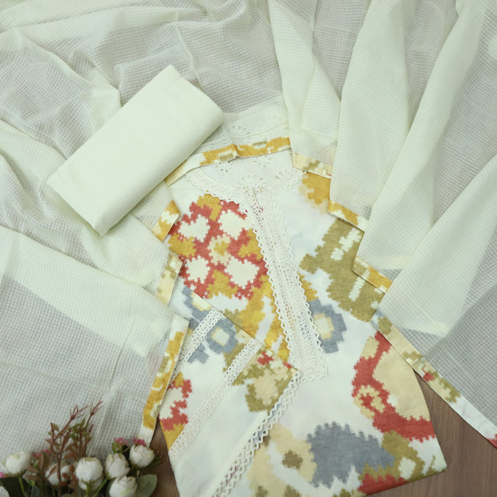 Jahaan Cream White Lace Neck work Digital Printed Cotton Suit Set