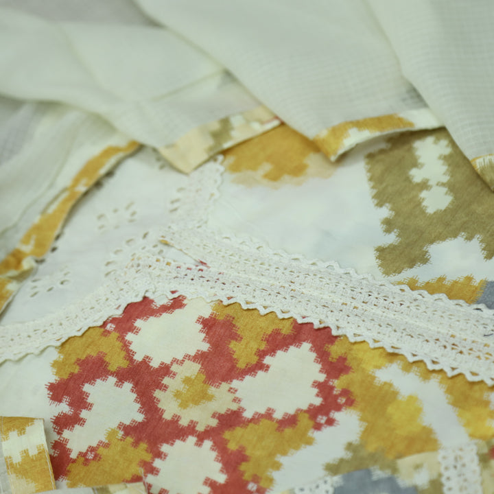Jahaan Cream White Lace Neck work Digital Printed Cotton Suit Set