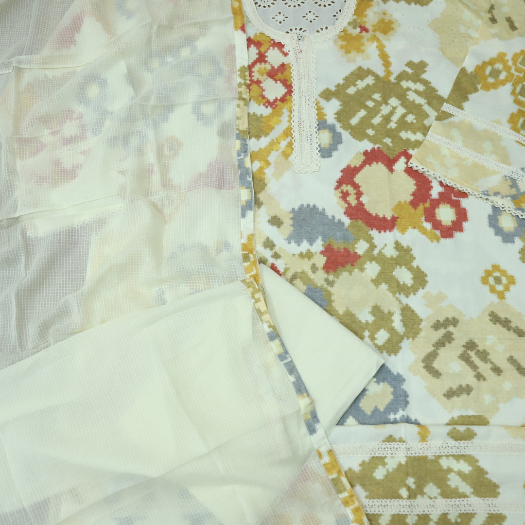 Jahaan Cream White Lace Neck work Digital Printed Cotton Suit Set