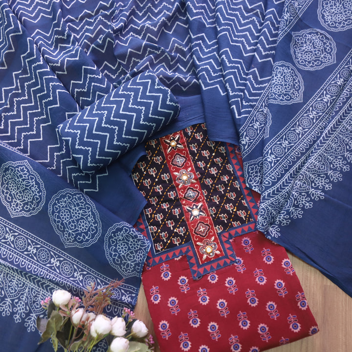 Suroor Apple Red Ajrak Patch with Mirror Work Cotton Suit Set