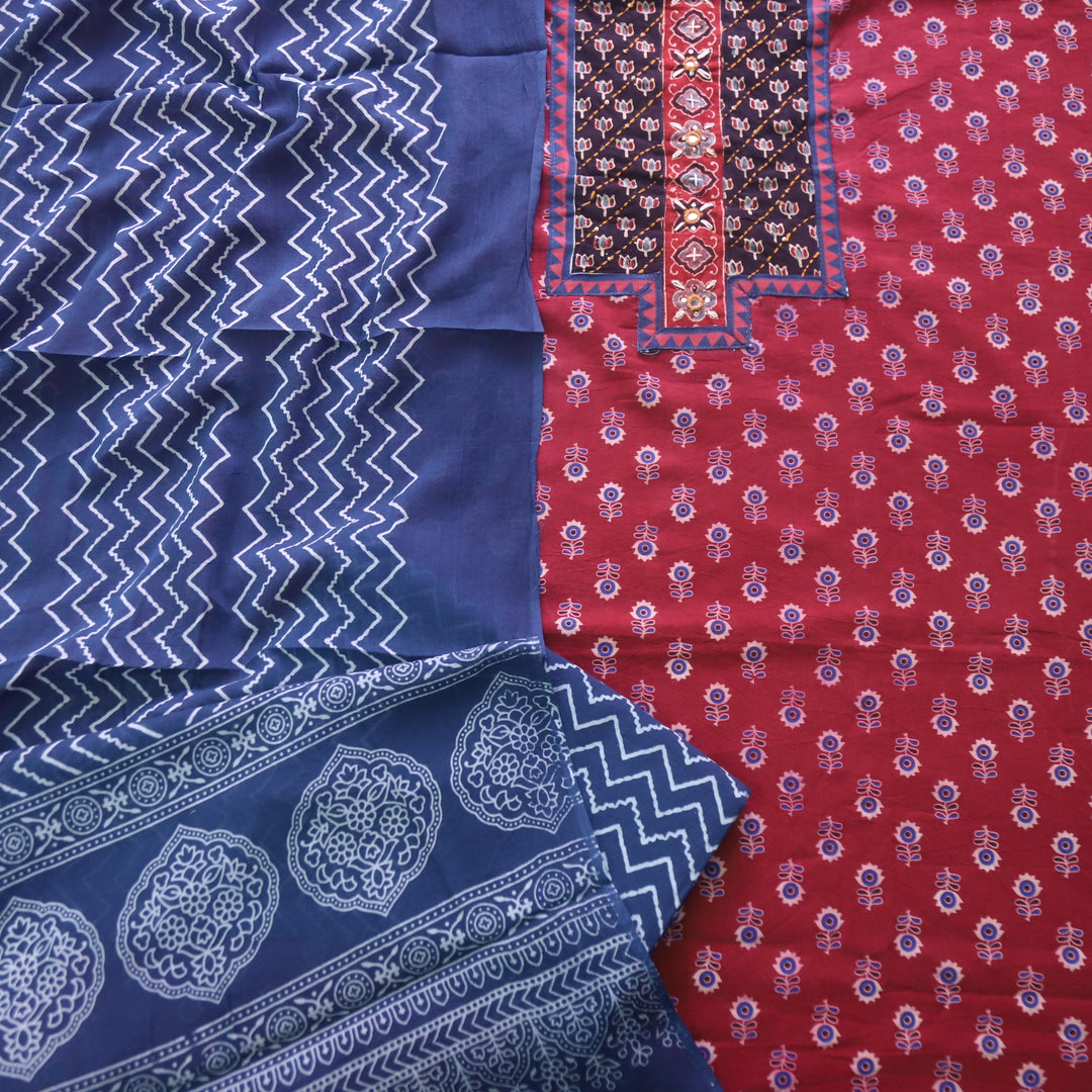 Suroor Apple Red Ajrak Patch with Mirror Work Cotton Suit Set