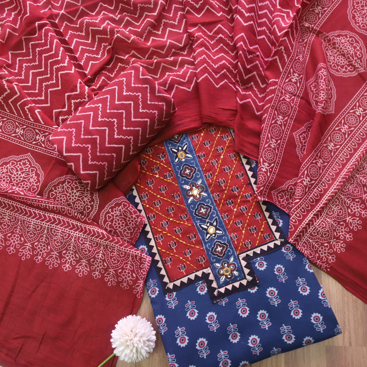 Suroor Denim Blue Ajrak Patch with Mirror Work Cotton Suit Set