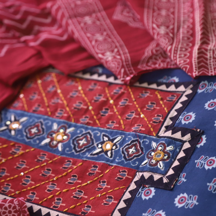 Suroor Denim Blue Ajrak Patch with Mirror Work Cotton Suit Set