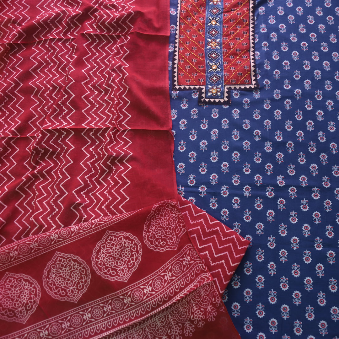 Suroor Denim Blue Ajrak Patch with Mirror Work Cotton Suit Set