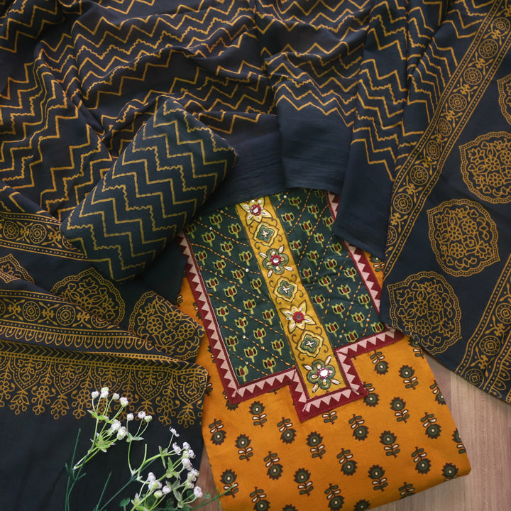 Suroor Dijon Yellow Ajrak Patch with Mirror Work Cotton Suit Set