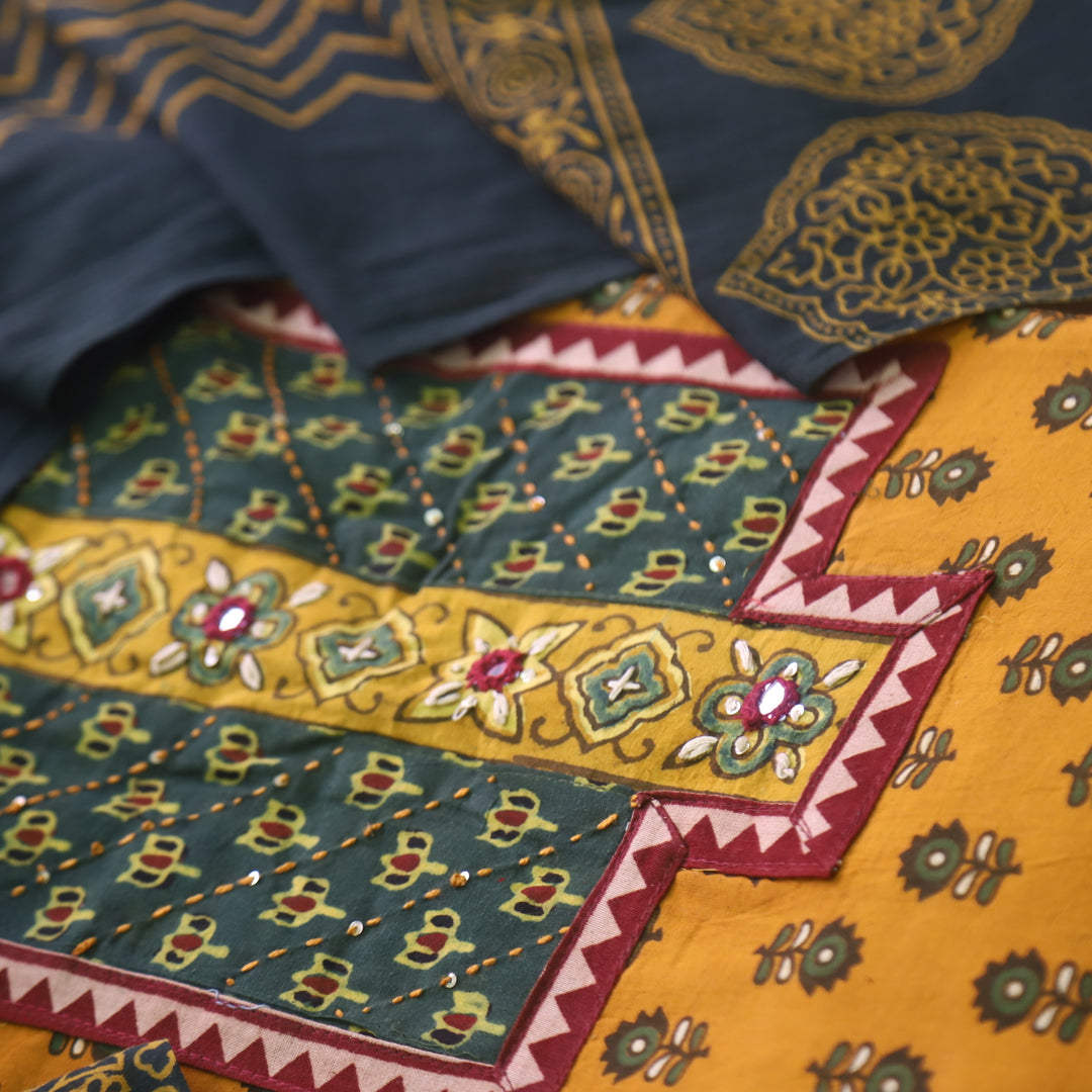 Suroor Dijon Yellow Ajrak Patch with Mirror Work Cotton Suit Set