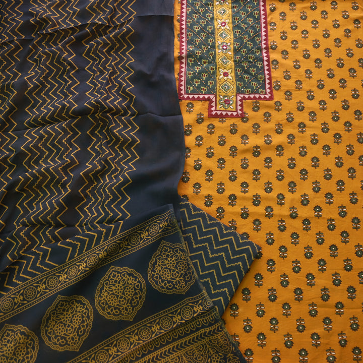 Suroor Dijon Yellow Ajrak Patch with Mirror Work Cotton Suit Set