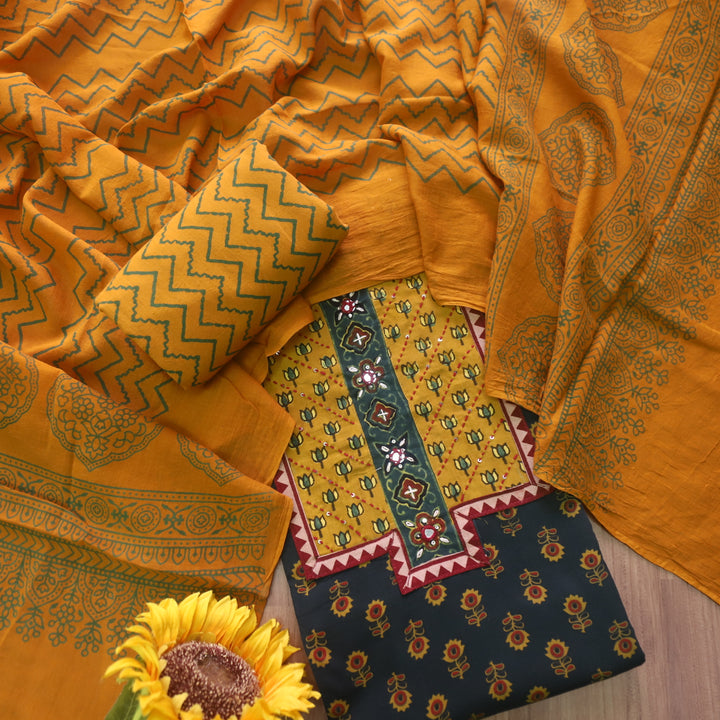 Suroor Pine Green Ajrak Patch with Mirror Work Cotton Suit Set