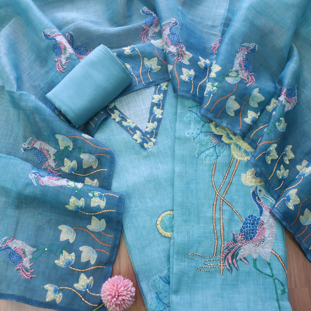 Falak Caribbean Teal V Neck Thread Work Detailing Shimmer Tissue Chanderi Set