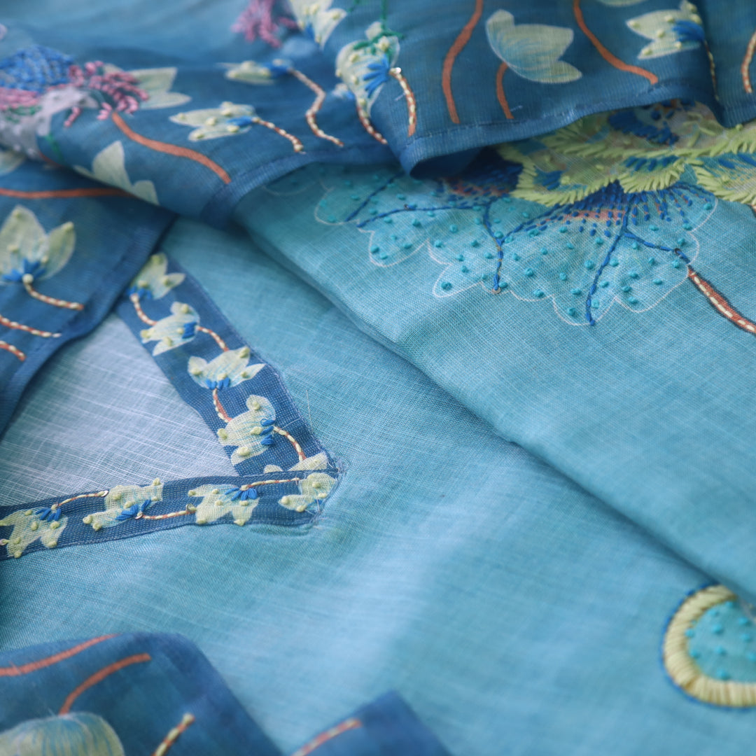 Falak Caribbean Teal V Neck Thread Work Detailing Shimmer Tissue Chanderi Set