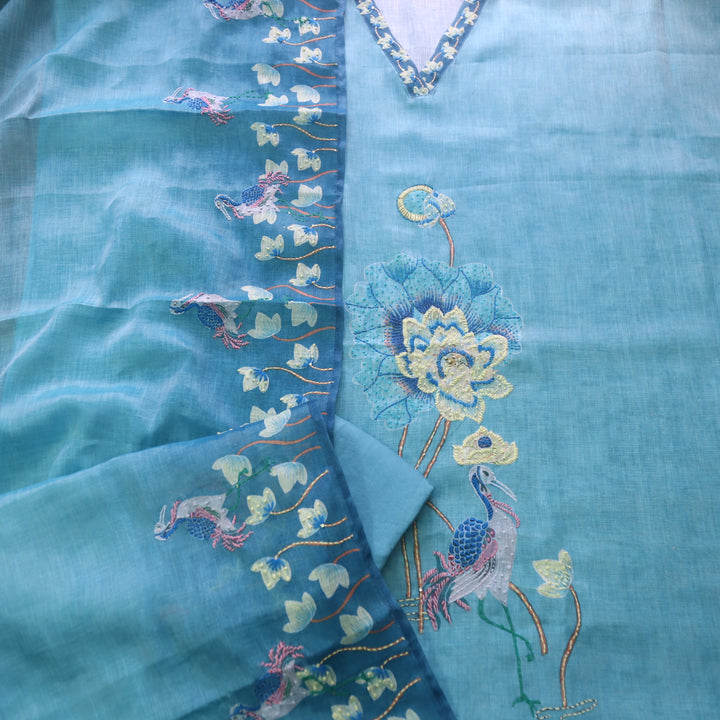 Falak Caribbean Teal V Neck Thread Work Detailing Shimmer Tissue Chanderi Set