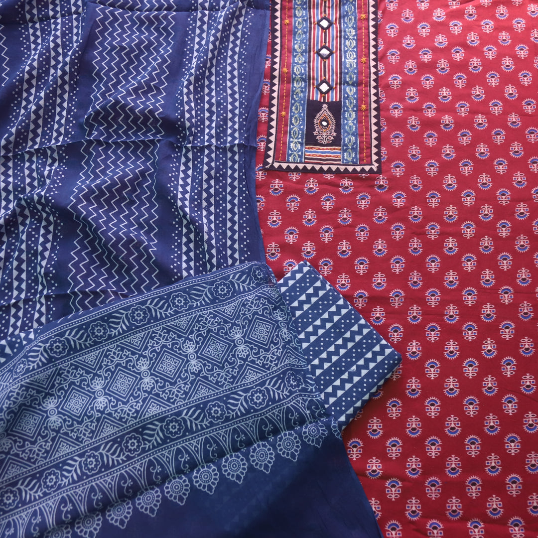 Noorani Brick Red Ajrak Patch with Mirror Work Cotton Suit Set