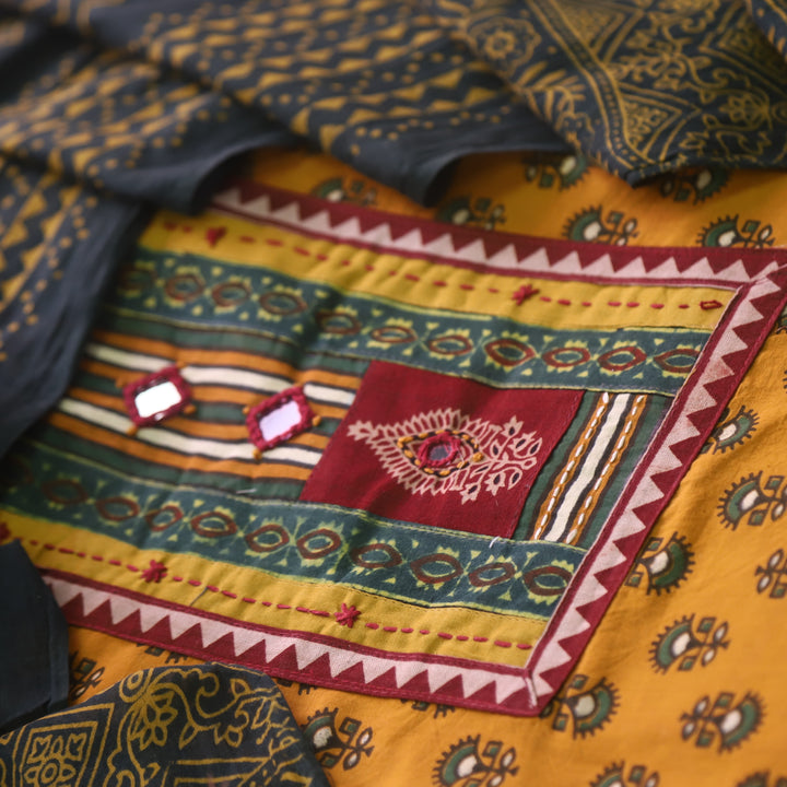 Noorani Dandelion Yellow Ajrak Patch with Mirror Work Cotton Suit Set