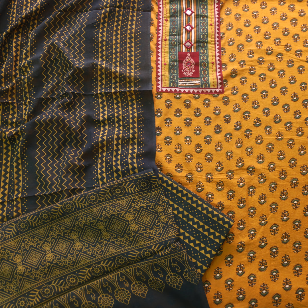 Noorani Dandelion Yellow Ajrak Patch with Mirror Work Cotton Suit Set