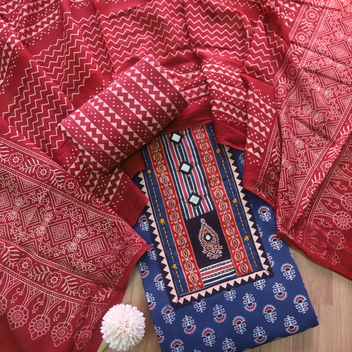 Noorani Denim Blue Ajrak Patch with Mirror Work Cotton Suit Set