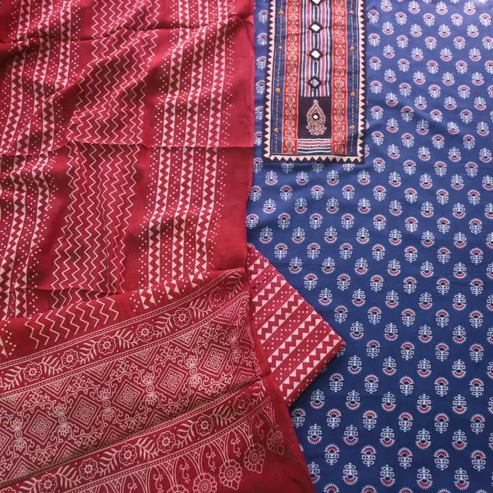 Noorani Denim Blue Ajrak Patch with Mirror Work Cotton Suit Set