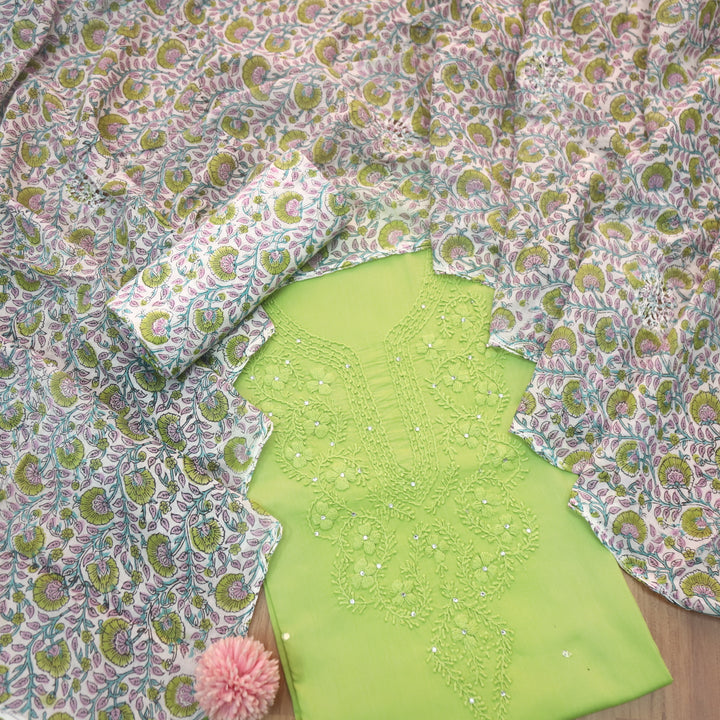 Ruaa Neon Green Thread Embroidered Neck with Stone Work Cotton Suit Set