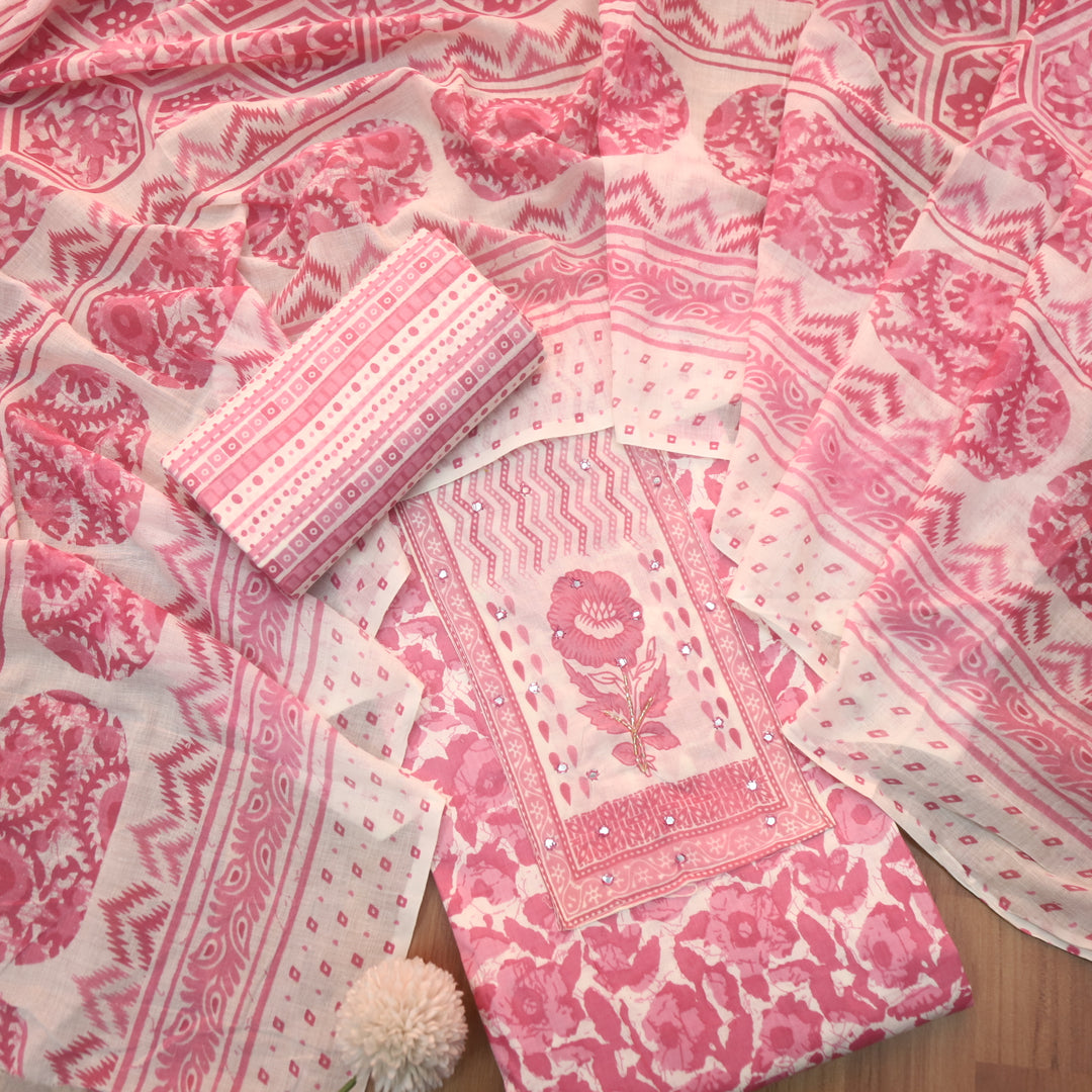 Farheen Candy Pink Patra Detailing with Kardana Dabu Floral Printed Cotton Suit Set