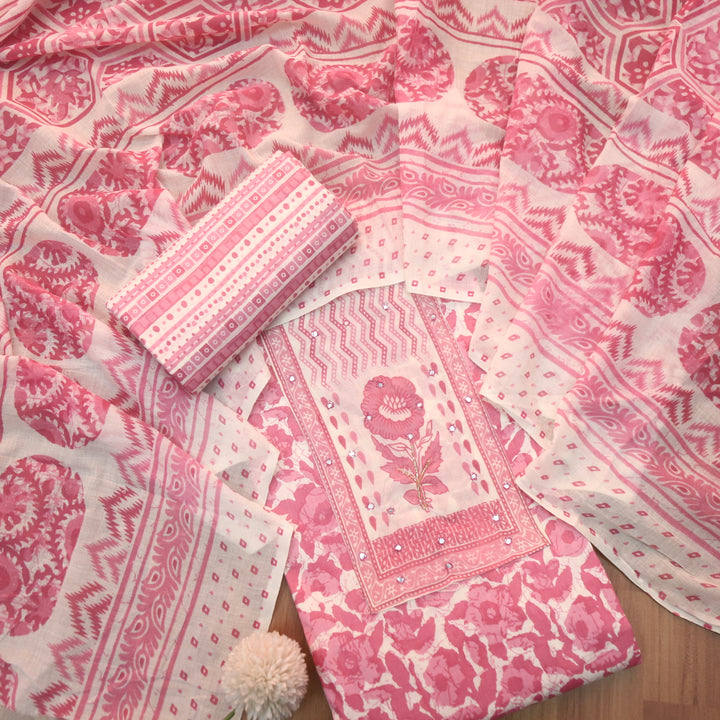 Farheen Candy Pink Patra Detailing with Kardana Dabu Floral Printed Cotton Suit Set