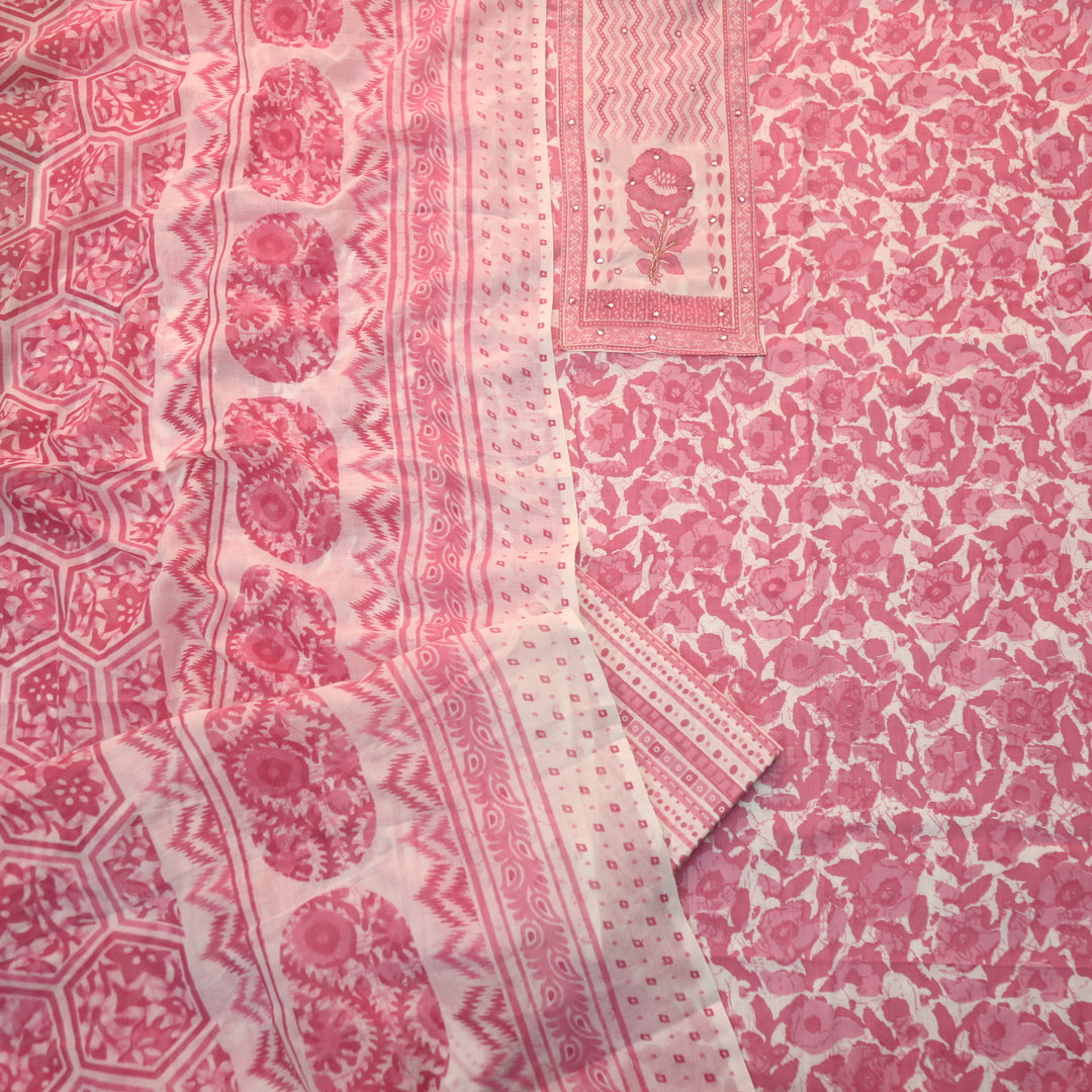 Farheen Candy Pink Patra Detailing with Kardana Dabu Floral Printed Cotton Suit Set