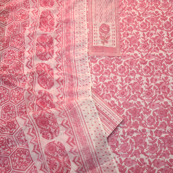 Farheen Candy Pink Patra Detailing with Kardana Dabu Floral Printed Cotton Suit Set