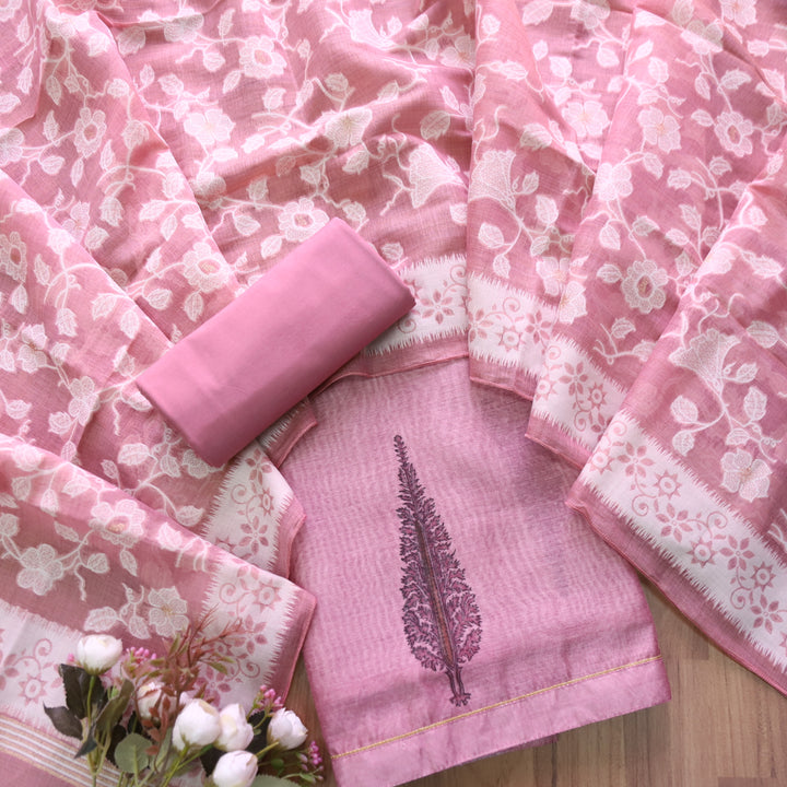 Raajhan Mauve Pink with Floral Authentic Jamdani Weaved Suit Set