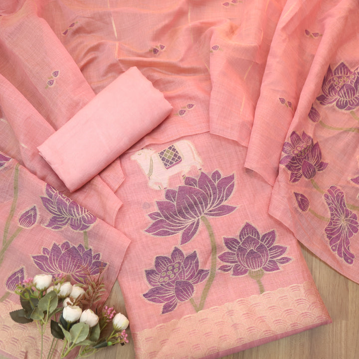 Zinat Blush Pink in Zari with Pichwai Authentic Jamdani Weaved Suit Set