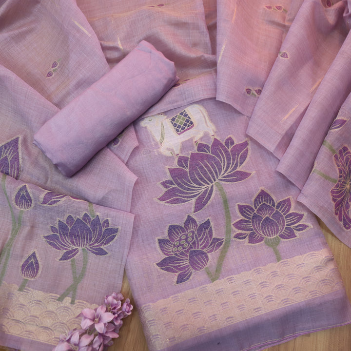 Zinat Orchid Lilac in Zari with Pichwai Authentic Jamdani Weaved Suit Set