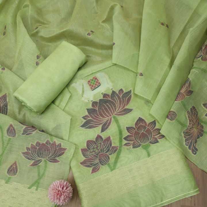 Zinat Mint Green in Zari with Pichwai Authentic Jamdani Weaved Suit Set