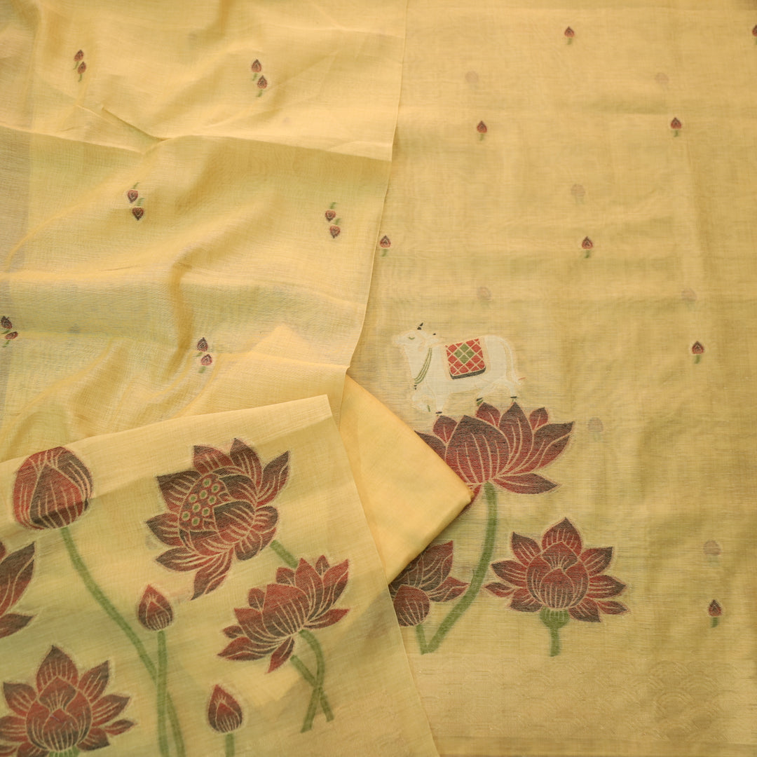 Zinat Butter Yellow in Zari with Pichwai Authentic Jamdani Weaved Suit Set