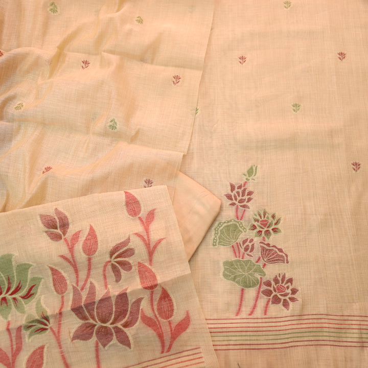 Dildaar Pastel Peach Authentic Jamdani Weaved Hem Chanderi Suit Set