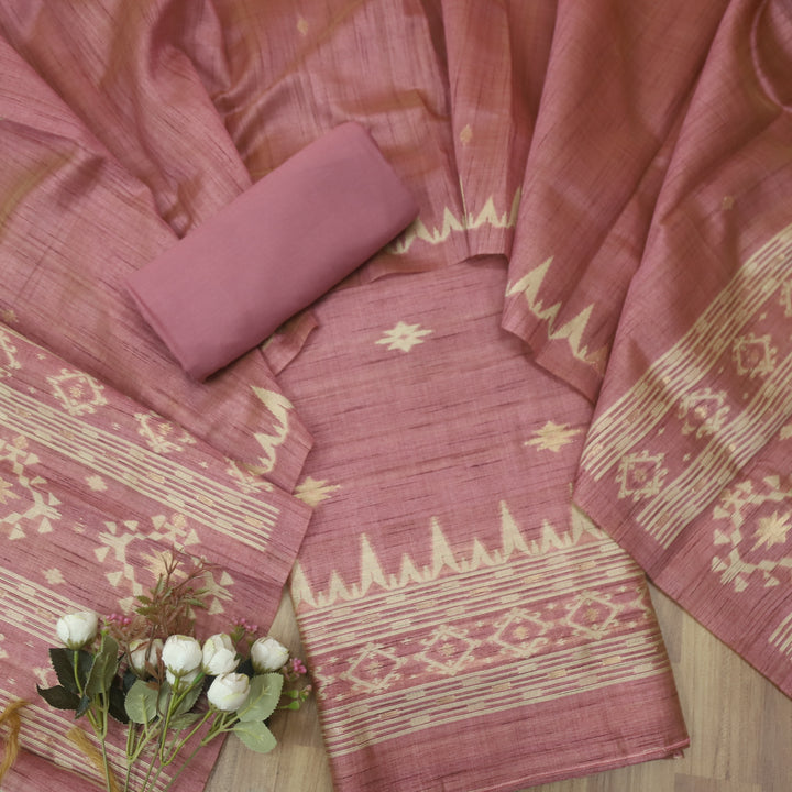 Suroor Mulberry Mauve Authentic Jamdani Weaved Hem Chanderi Suit Set