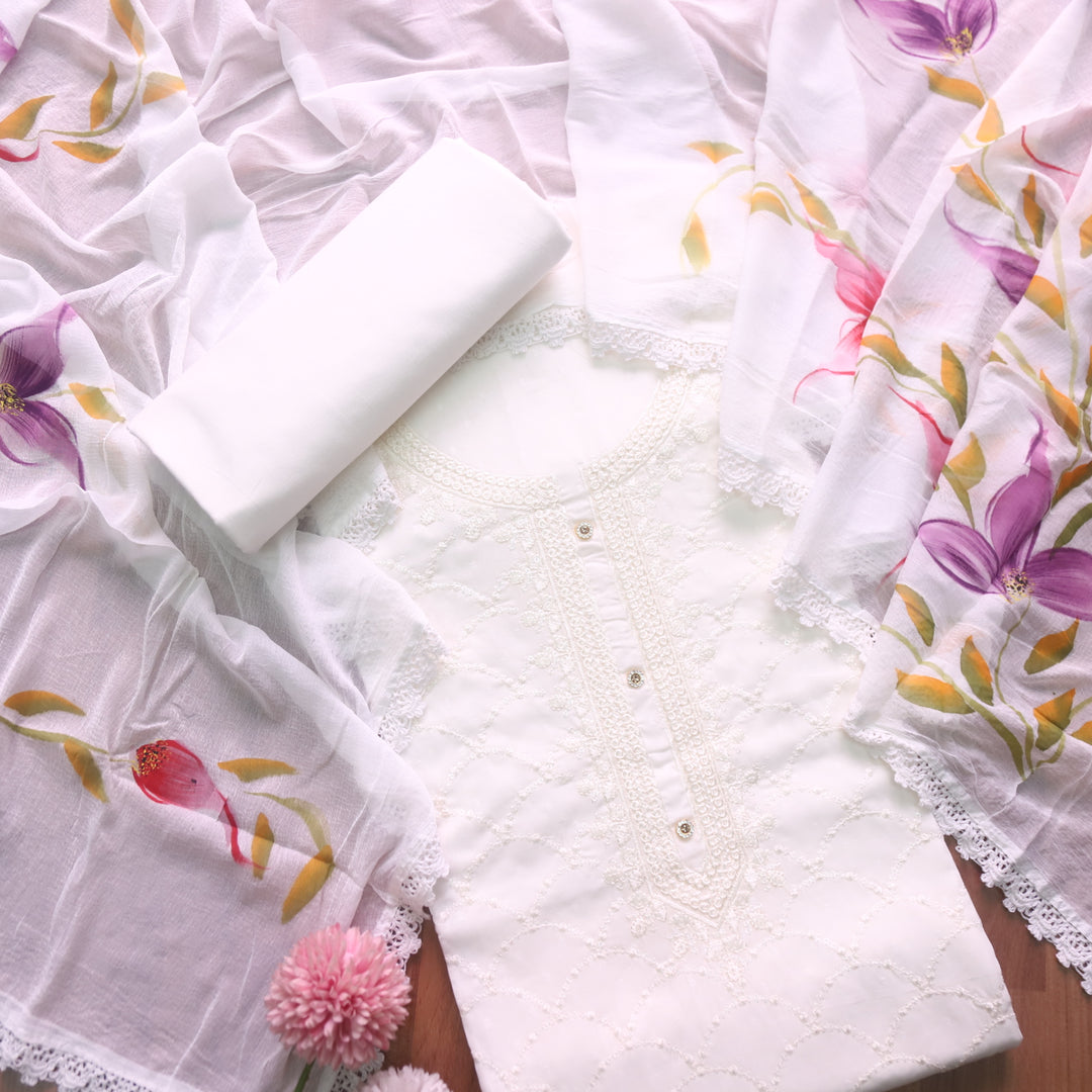 Nushrat Pearl White All Over Thread with Button Work Cotton Dobby Suit Set