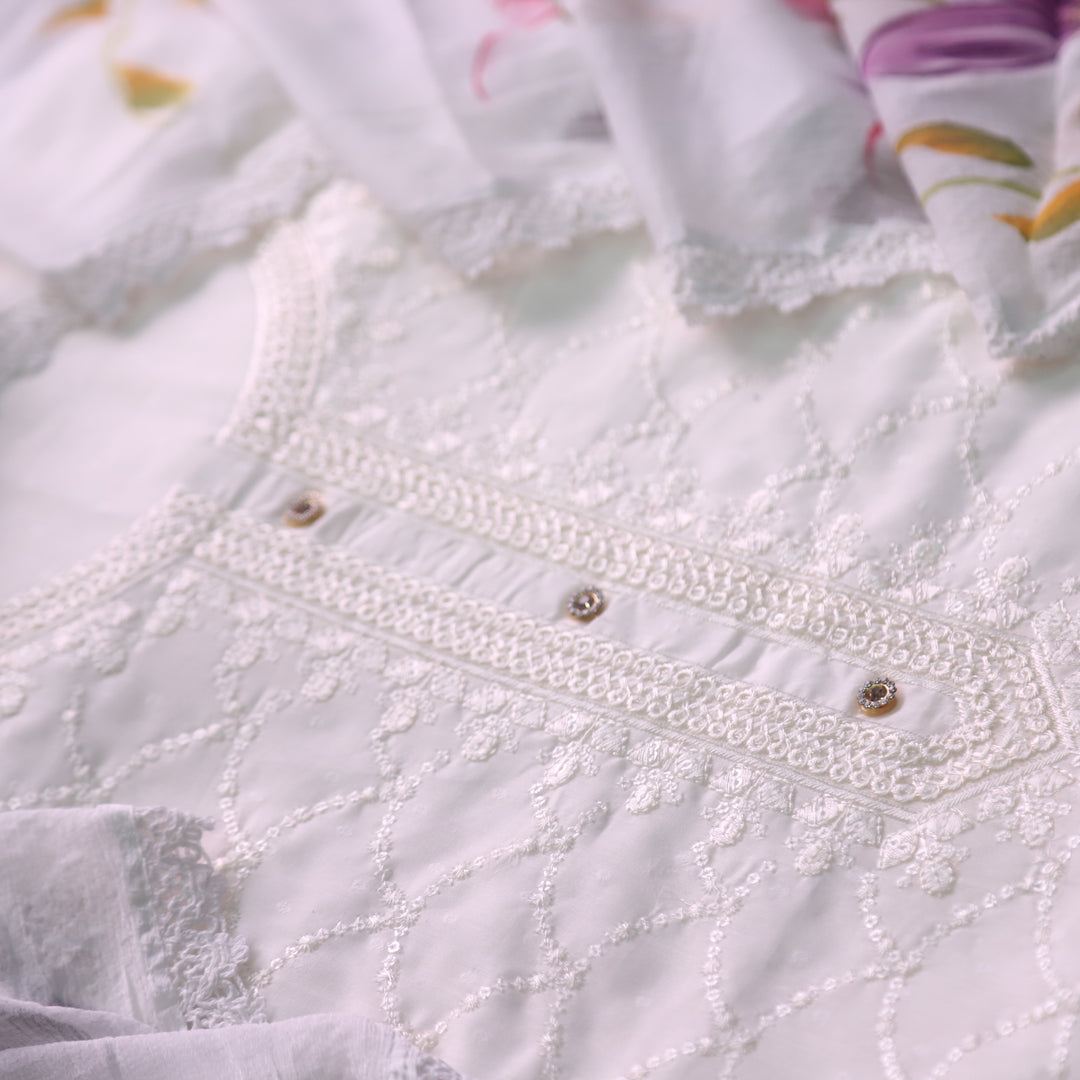 Nushrat Pearl White All Over Thread with Button Work Cotton Dobby Suit Set