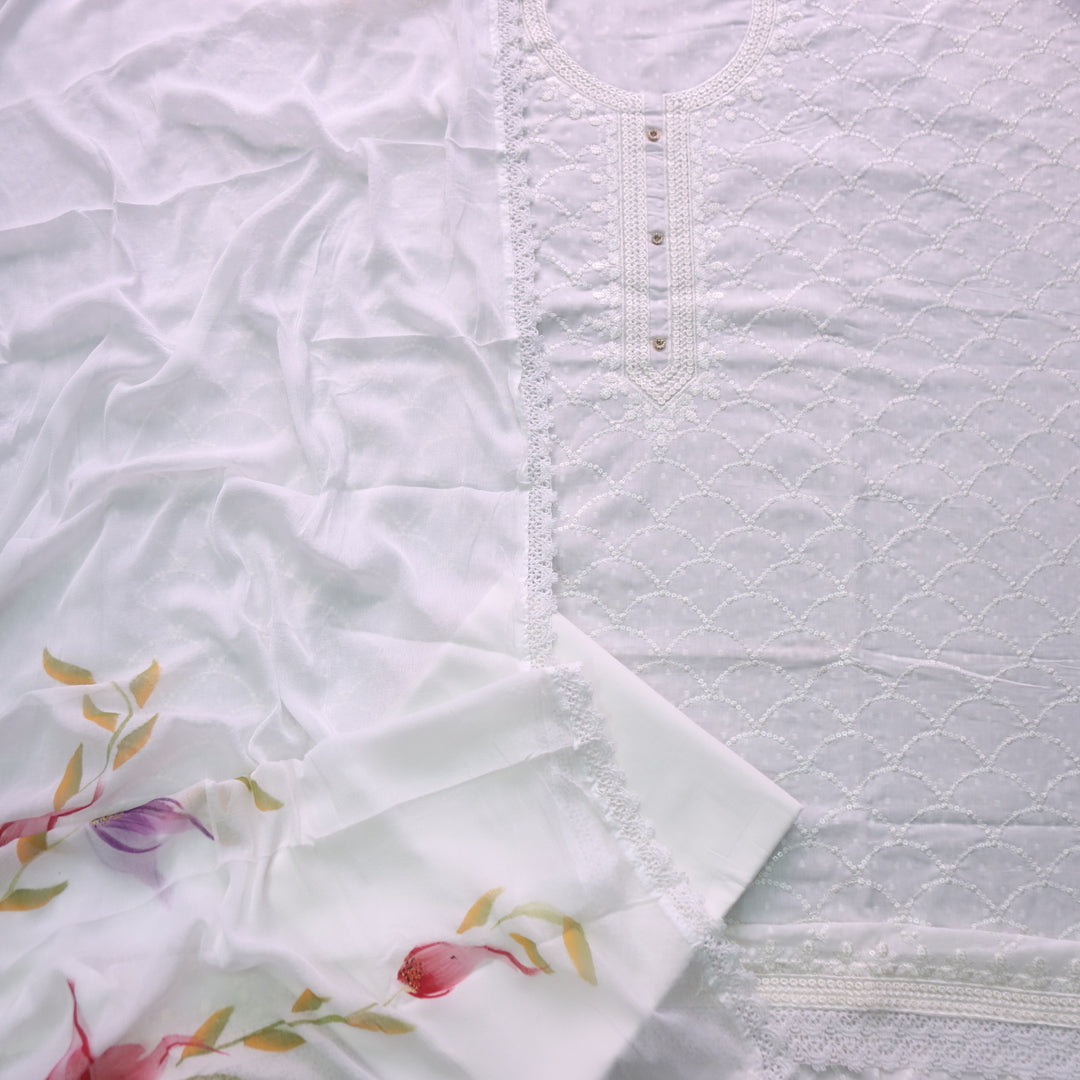Nushrat Pearl White All Over Thread with Button Work Cotton Dobby Suit Set