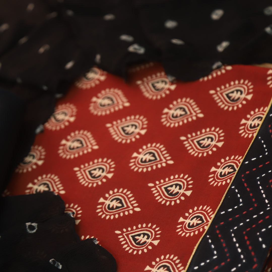 Hayaat Cherry Red All Over Ajrak Printed Cotton Top with Chiffon Dupatta Set