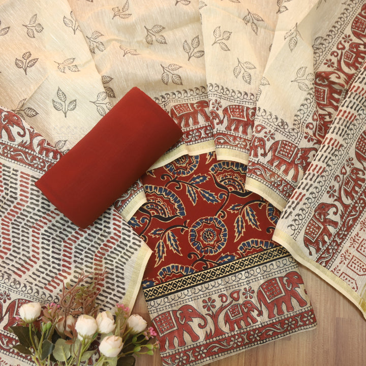 Rushna Maroon Red Ajrak Printed with Patch Lace On Hem Cotton Suit Set