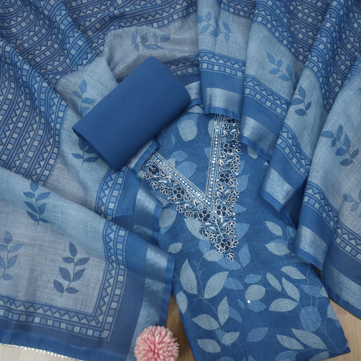 Shiddat Cerulean Blue V Embellished Neck Leaf Printed Cotton Linen Suit Set