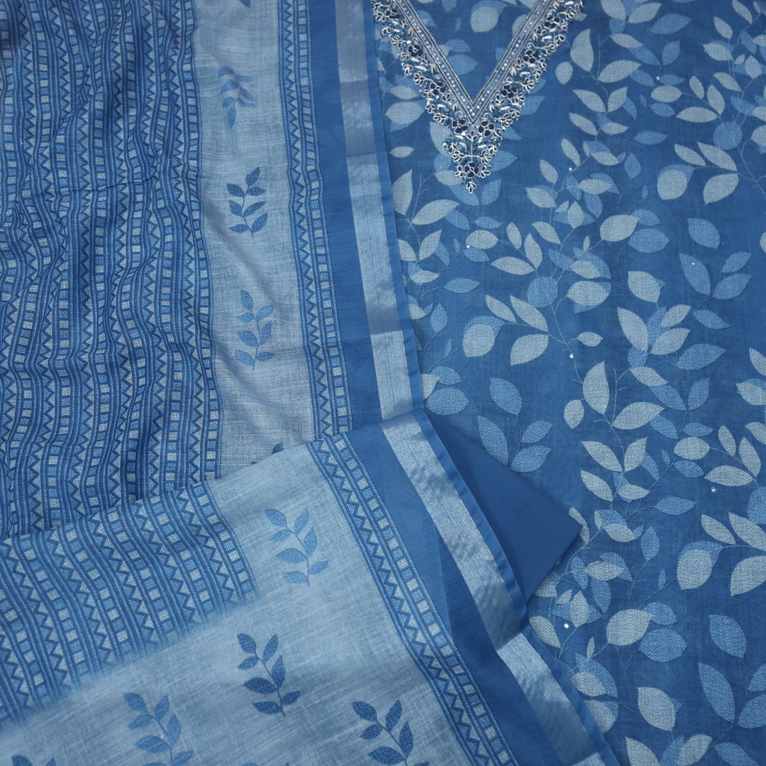 Shiddat Cerulean Blue V Embellished Neck Leaf Printed Cotton Linen Suit Set