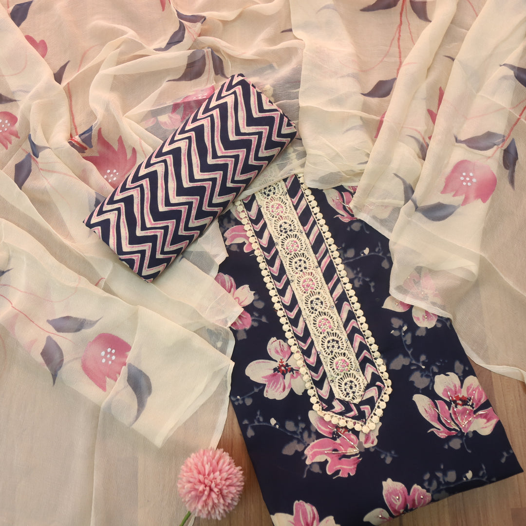 Suroor Navy Blue Lace on Neck with Kardana Work Floral Printed Cotton Set