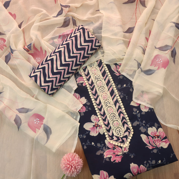 Suroor Navy Blue Lace on Neck with Kardana Work Floral Printed Cotton Set