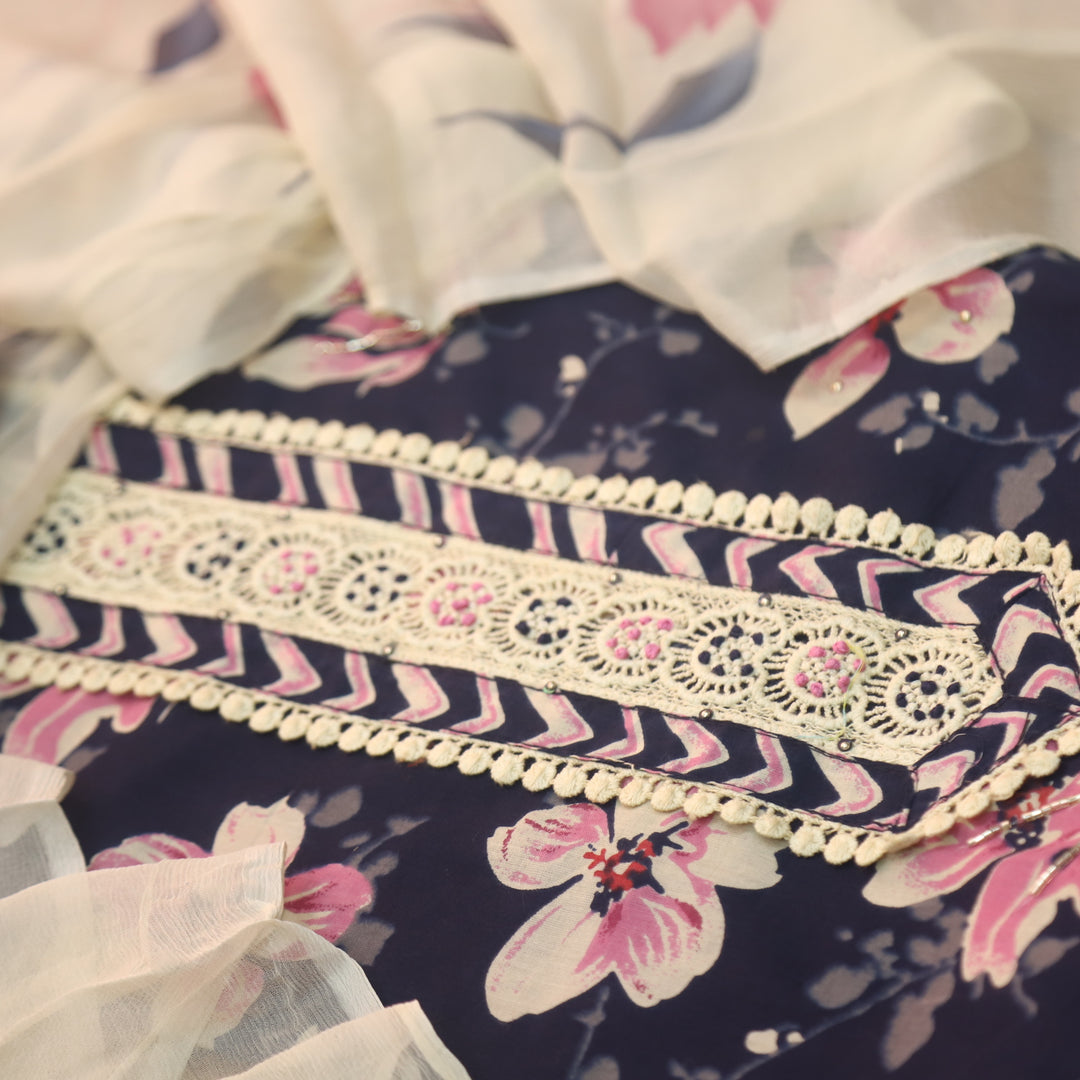 Suroor Navy Blue Lace on Neck with Kardana Work Floral Printed Cotton Set
