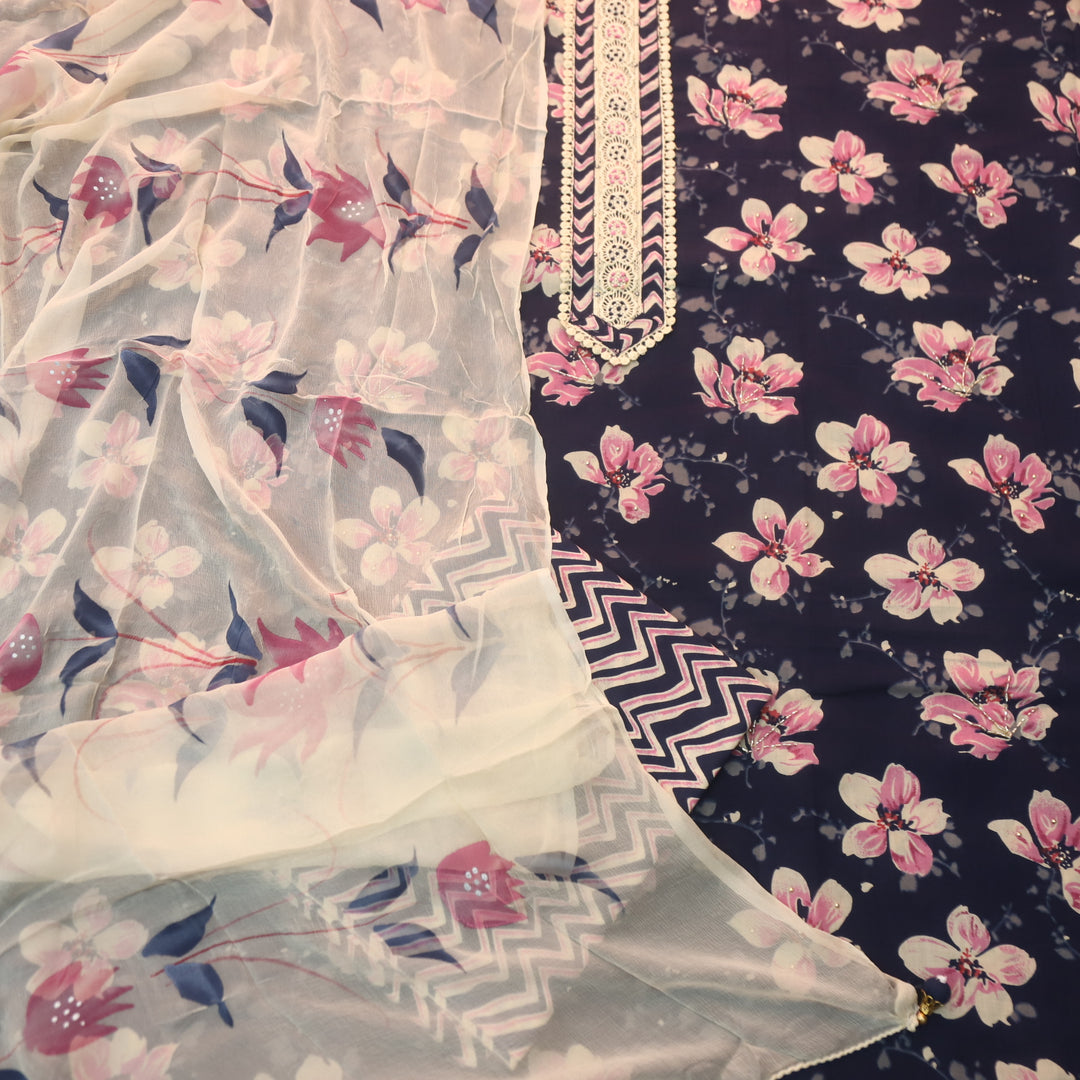 Suroor Navy Blue Lace on Neck with Kardana Work Floral Printed Cotton Set