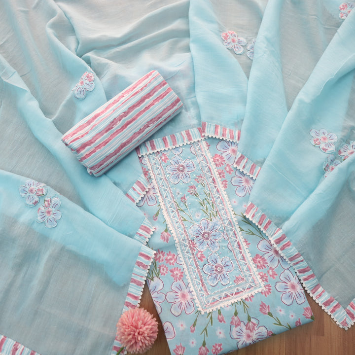 Raina Aqua Blue Moti with Spiral Neck Work Floral Printed Cotton Suit Set