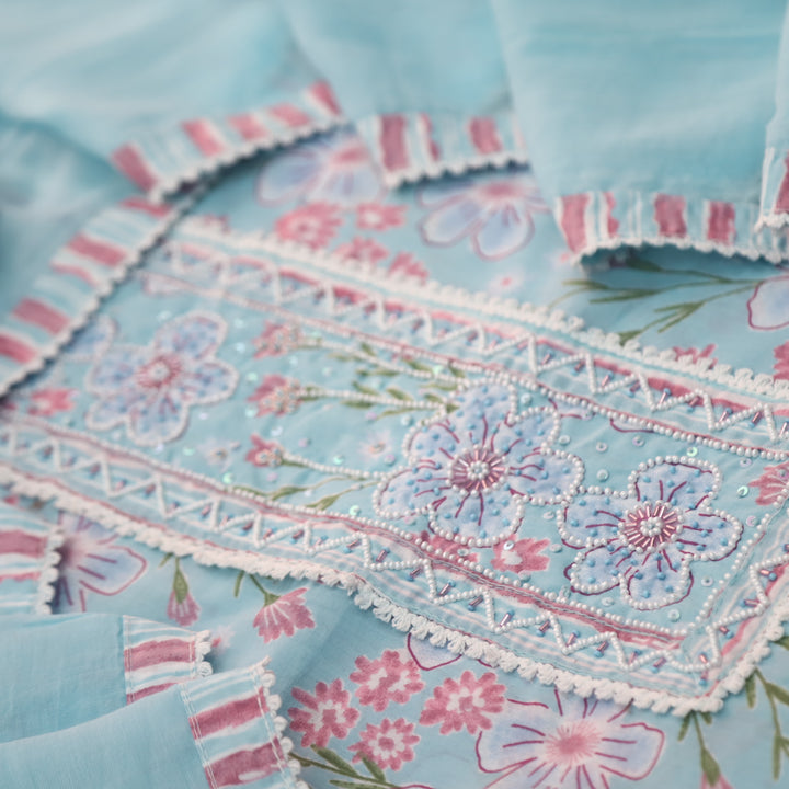 Raina Aqua Blue Moti with Spiral Neck Work Floral Printed Cotton Suit Set