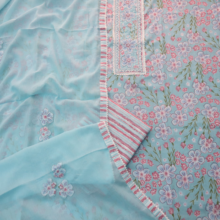 Raina Aqua Blue Moti with Spiral Neck Work Floral Printed Cotton Suit Set
