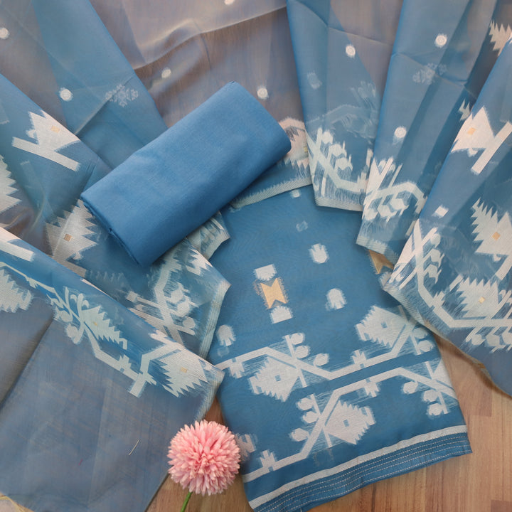 Raajhan Cerulean Blue in Zari with Authentic Jamdani Weaved Suit Set