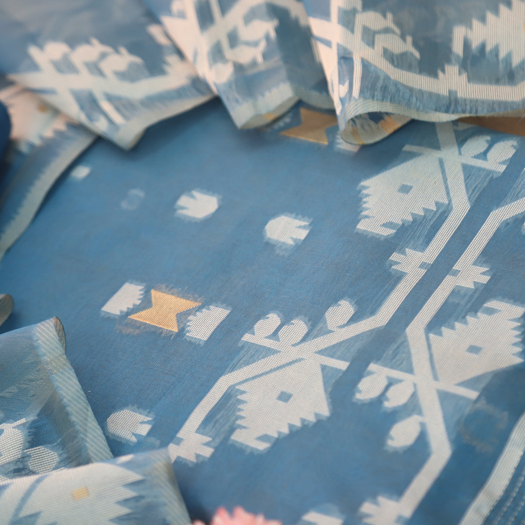 Raajhan Cerulean Blue in Zari with Authentic Jamdani Weaved Suit Set
