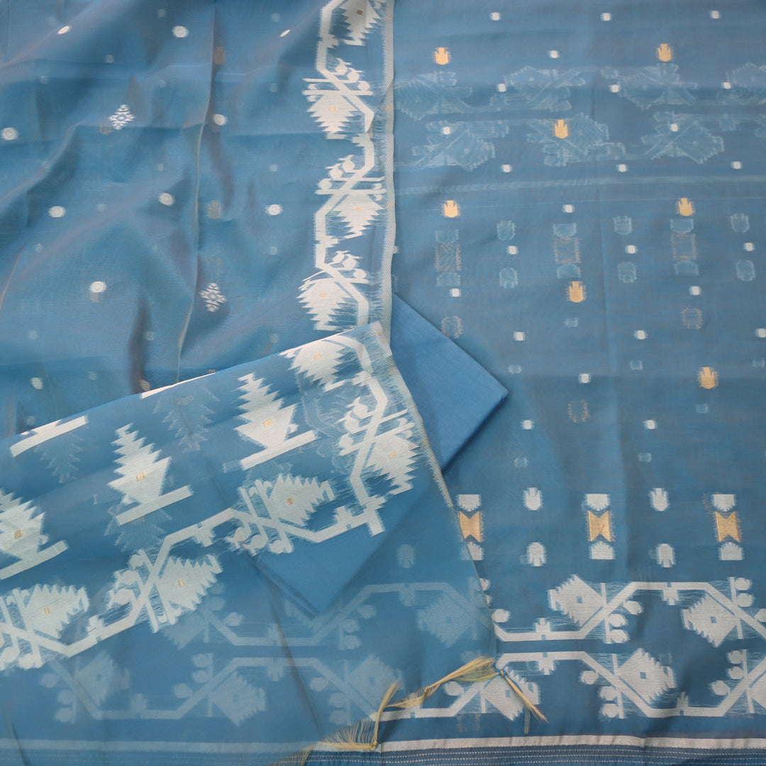 Raajhan Cerulean Blue in Zari with Authentic Jamdani Weaved Suit Set