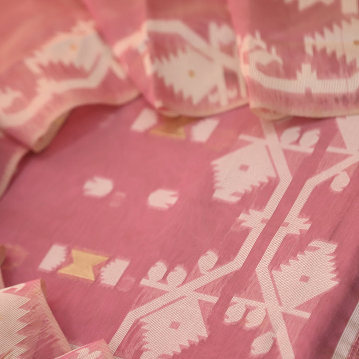 Raajhan Rosy Pink in Zari with Authentic Jamdani Weaved Suit Set